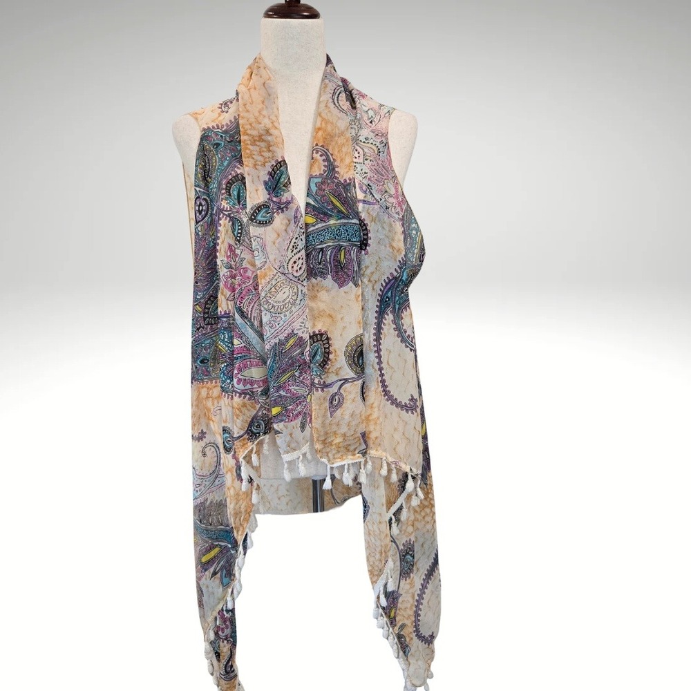 Lavello Cutting Edge Chiffon Paisley Print Tassel Trim Boho Chic‎ Coverup